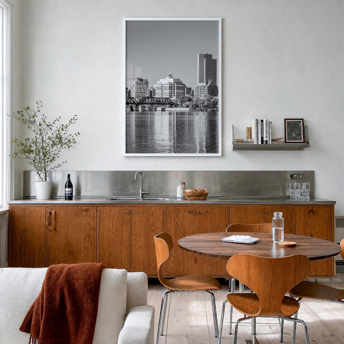 Albany, New York black & white photo poster of New York, USA – vertical wall art in white wood frame, hanging on wall