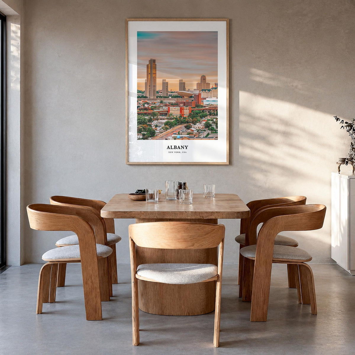 Albany, New York colorful classic poster of New York, USA – vertical wall art in natural wood frame, hanging on wall