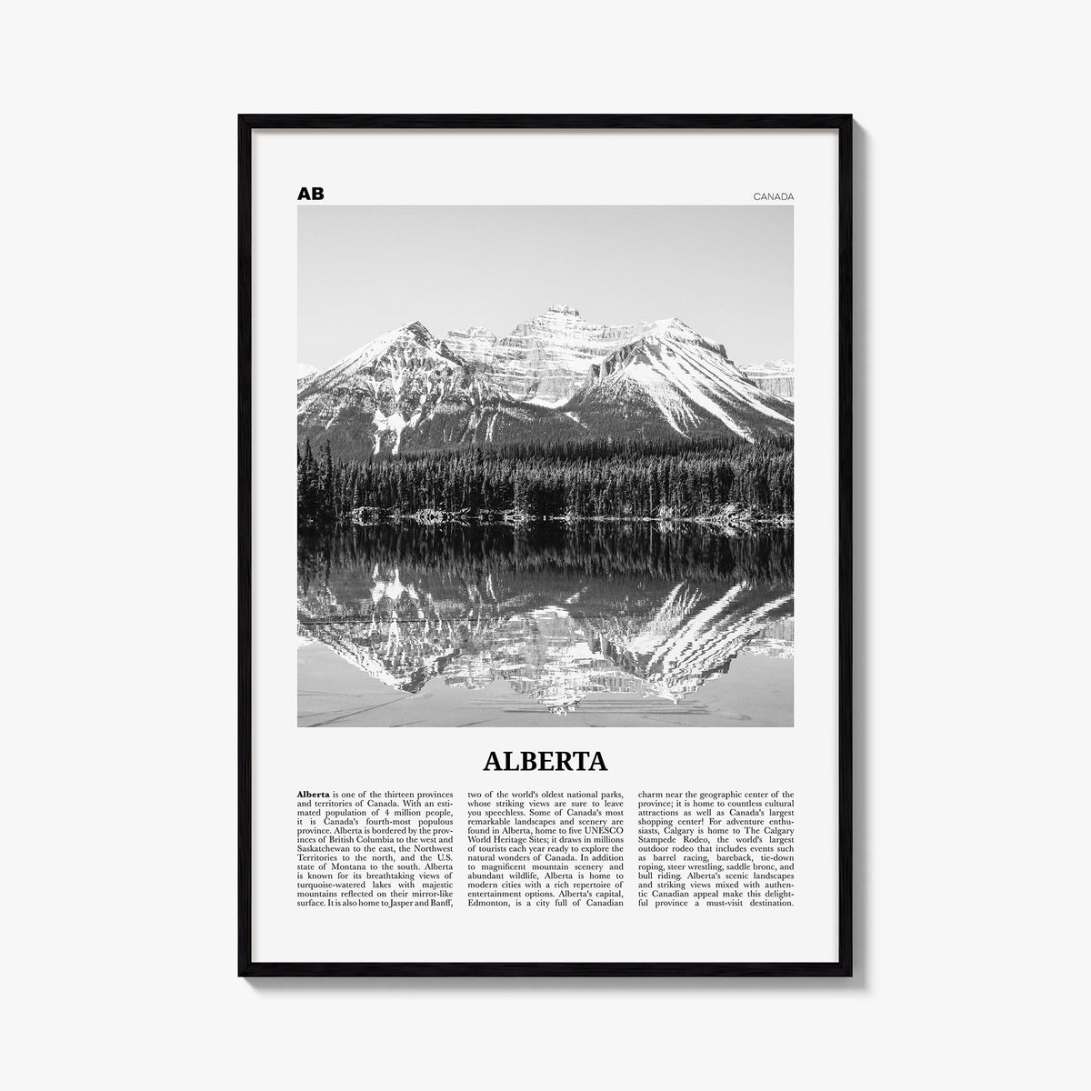Alberta black & white newspaper poster of Canada – vertical wall art, unframed print shown in interior mockup