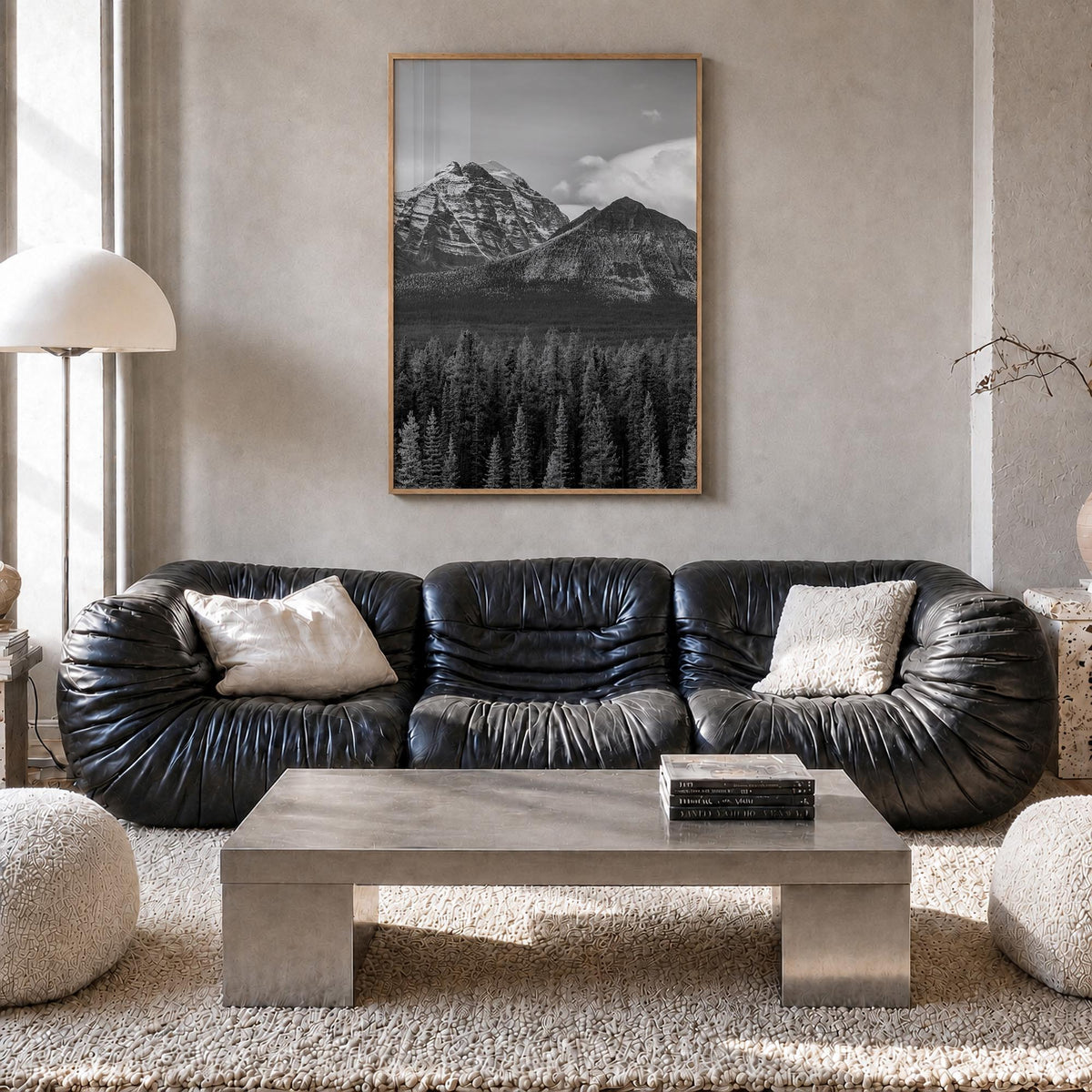 Alberta black & white photo poster of Canada – vertical wall art in natural wood frame, hanging on wall
