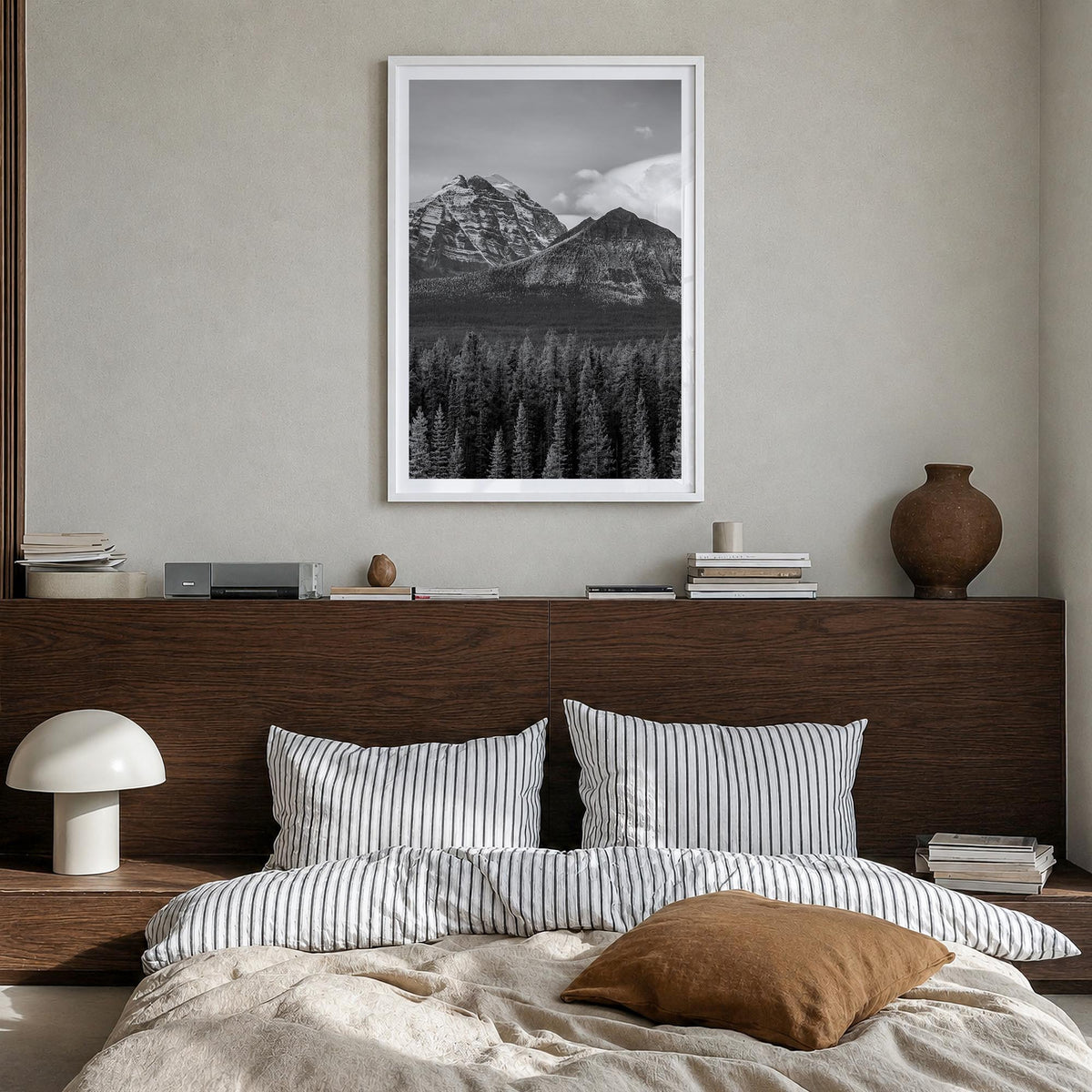 Alberta black & white photo poster of Canada – vertical wall art in white wood frame with white border, hanging on wall