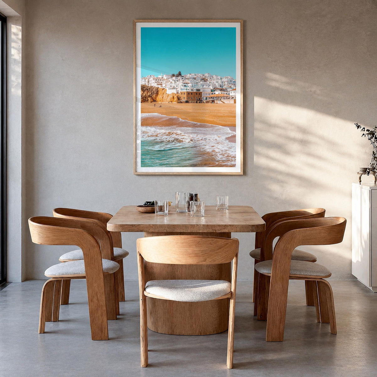 Albufeira colorful photo poster of Portugal – vertical wall art in natural wood frame with white border, hanging on wall