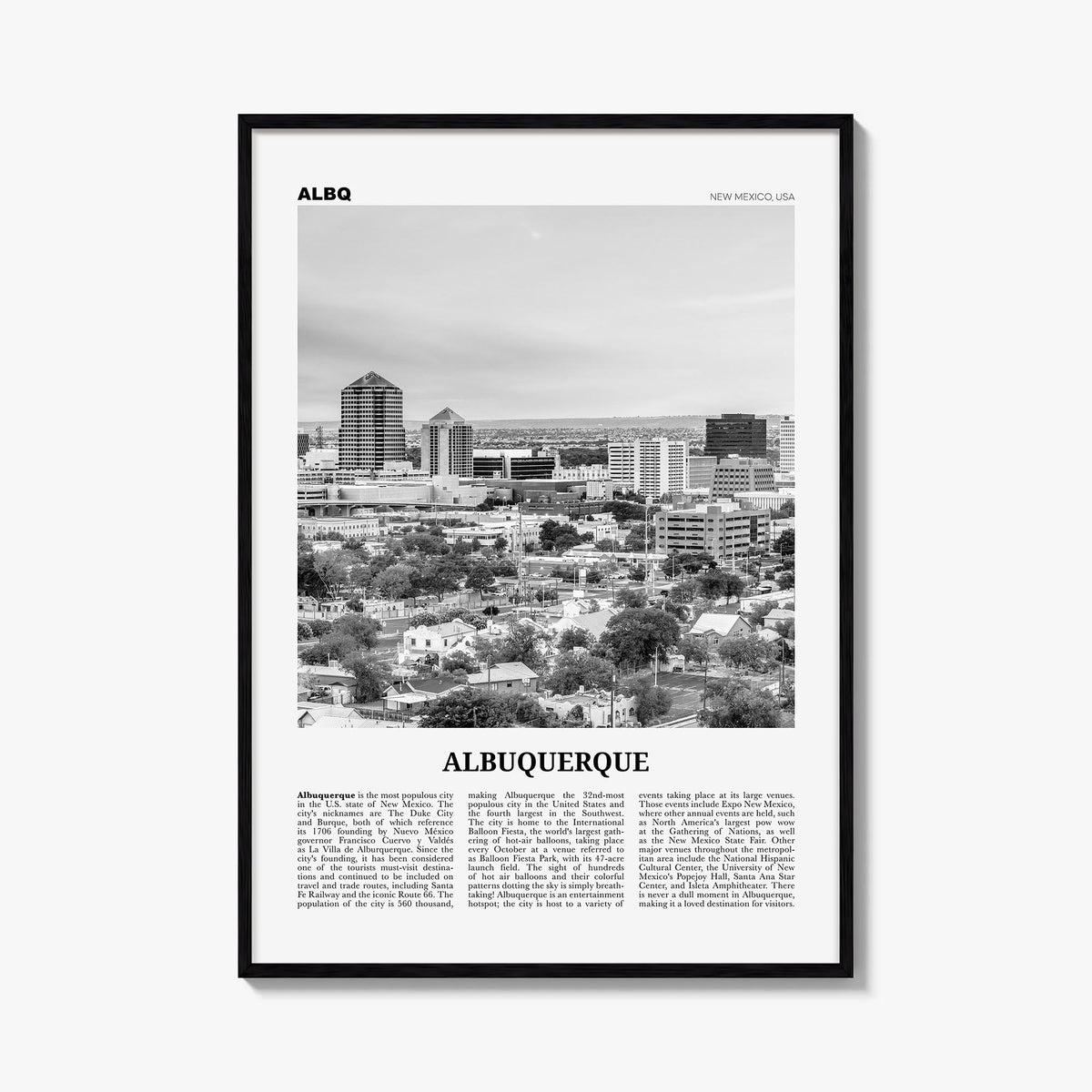 Albuquerque black & white newspaper poster of New Mexico, USA – vertical wall art, unframed print shown in interior mockup