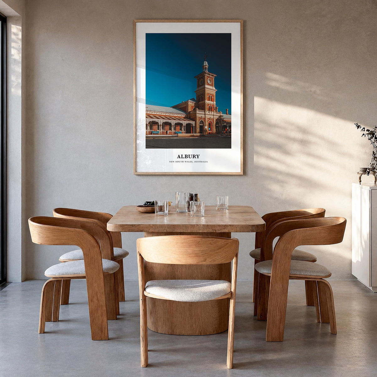 Albury colorful classic poster of Australia – vertical wall art in natural wood frame, hanging on wall