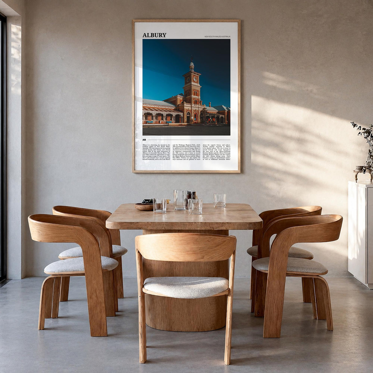 Albury colorful travel poster of Australia – vertical wall art in natural wood frame, hanging on wall