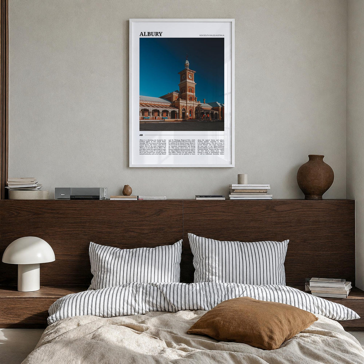 Albury colorful travel poster of Australia – vertical wall art in white wood frame, hanging on wall
