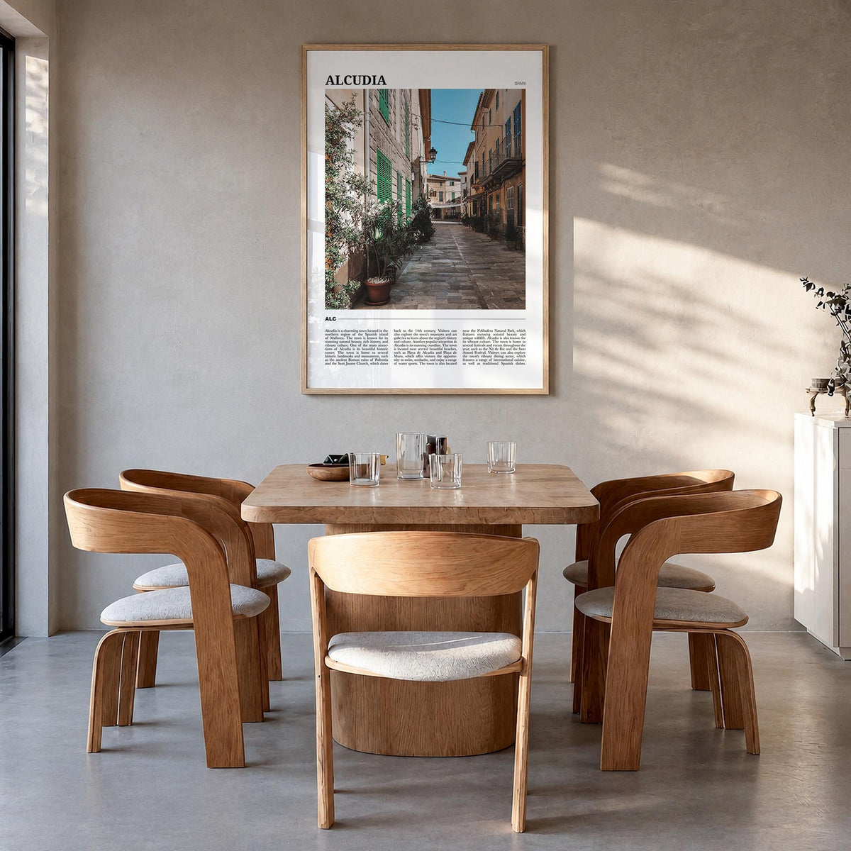 Alcudia colorful travel poster of Spain – vertical wall art in natural wood frame, hanging on wall