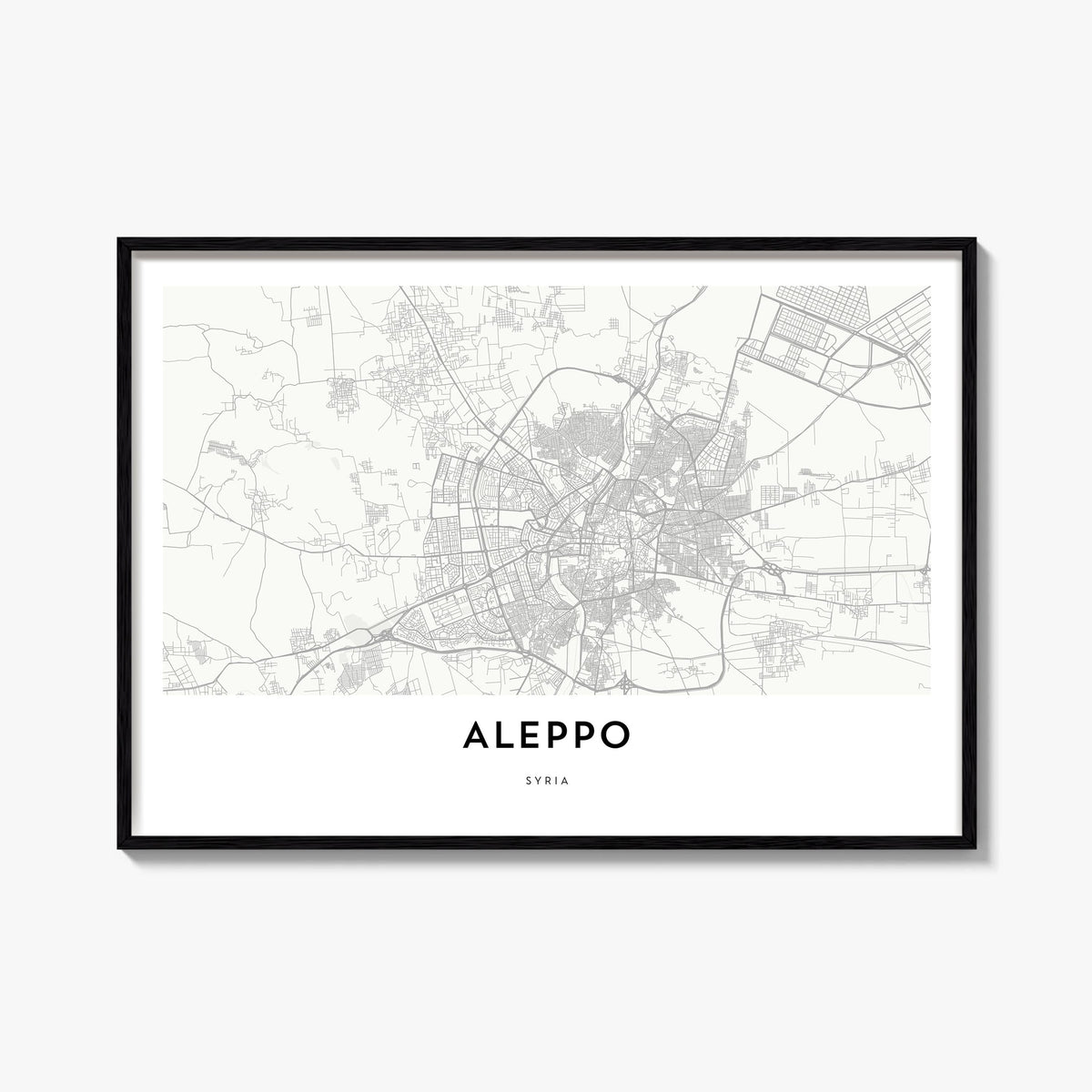 Aleppo black & white map poster of Syria – horizontal wall art, unframed print shown in interior mockup