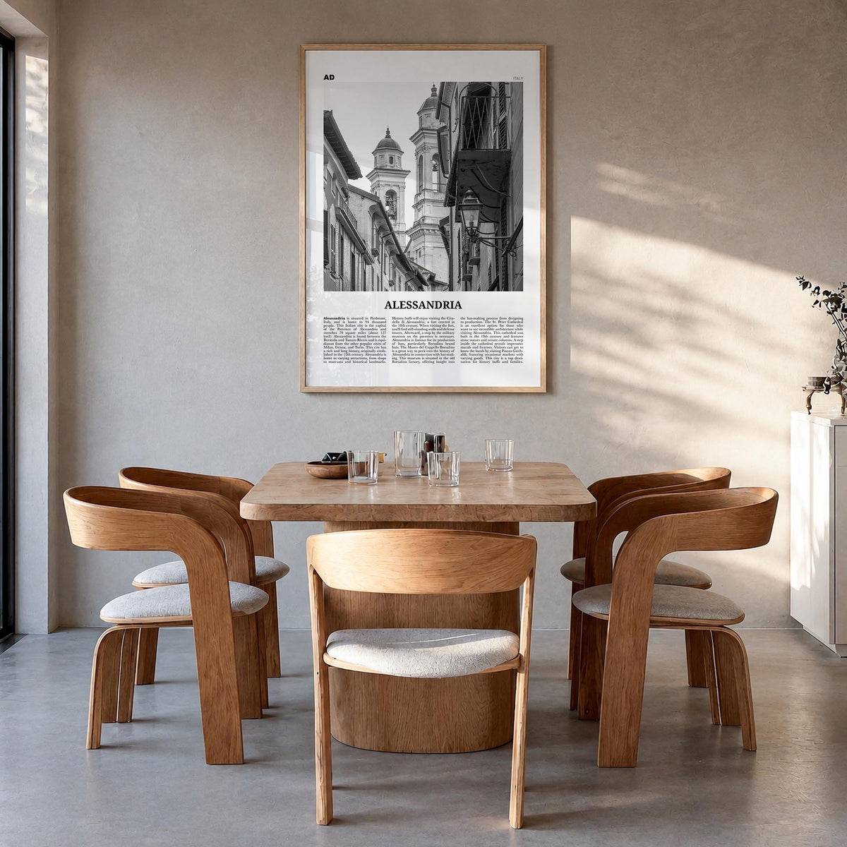 Alessandria black & white newspaper poster of Italy – vertical wall art in natural wood frame, hanging on wall