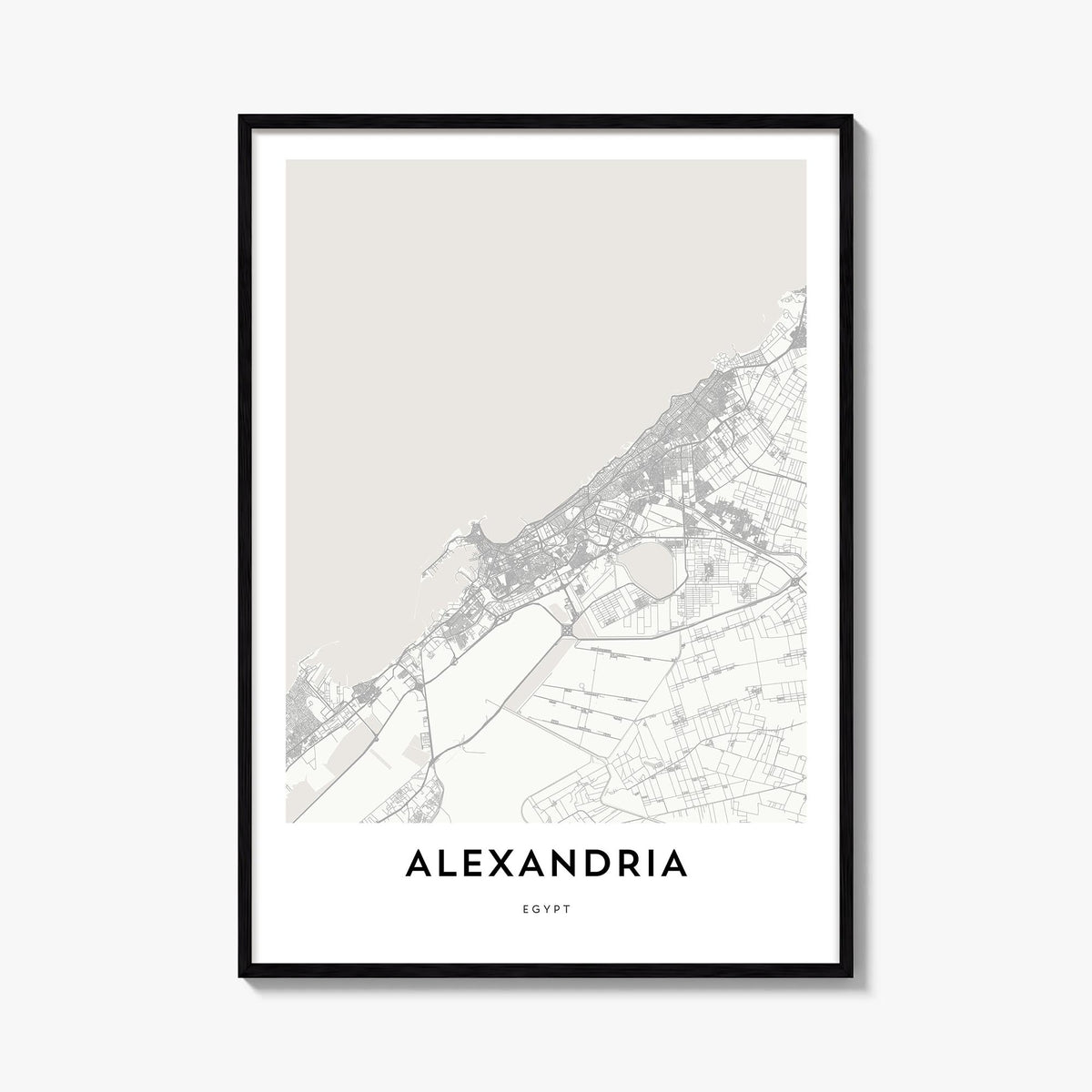 Alexandria, Egypt black & white map poster of Egypt – vertical wall art, unframed print shown in interior mockup