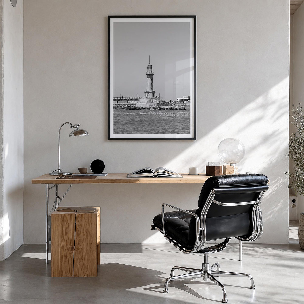 Alexandria, Egypt black & white photo poster of Egypt – vertical wall art in black wood frame with white border, hanging on w