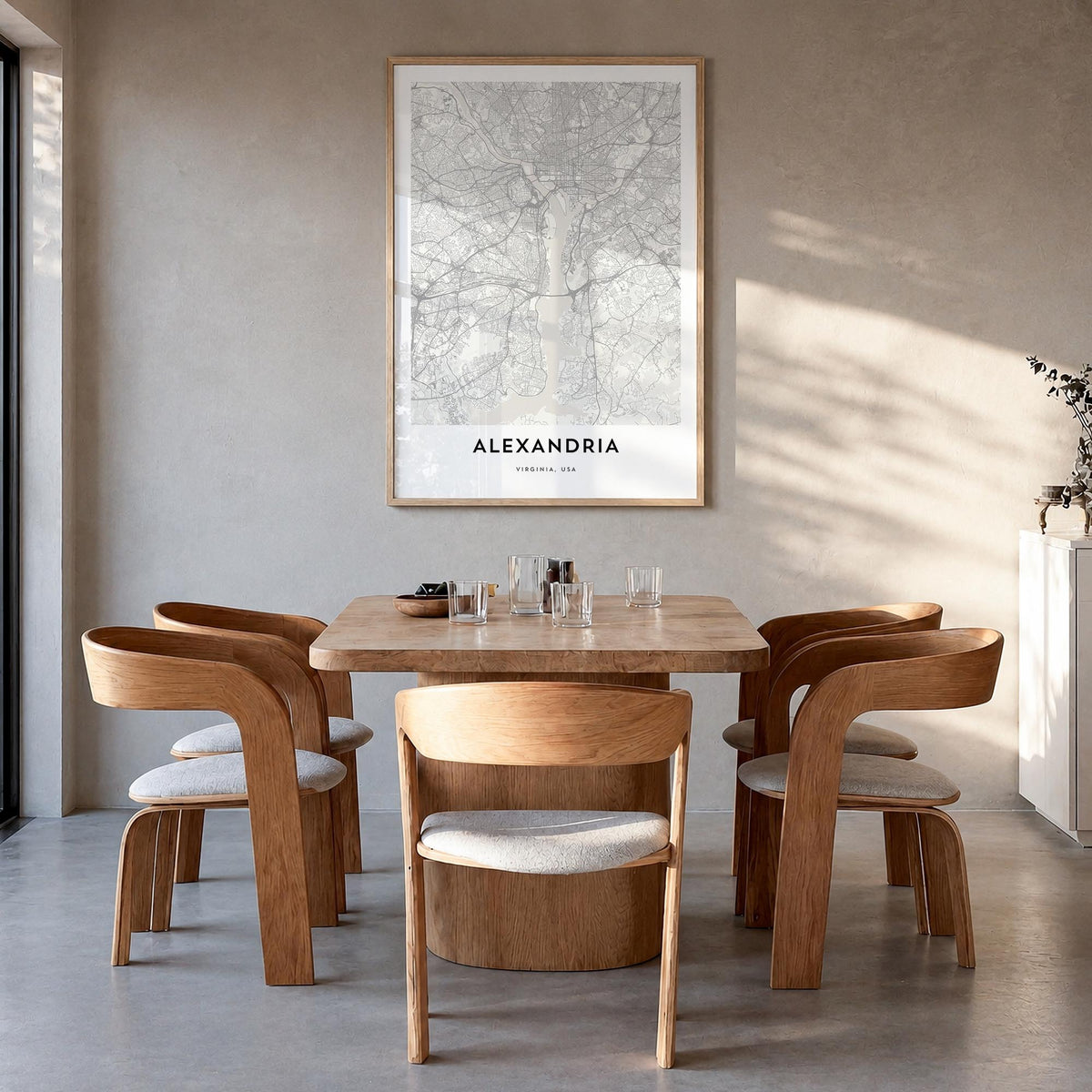 Alexandria, Virginia black & white map poster of Virginia, USA – vertical wall art in natural wood frame, hanging on wall