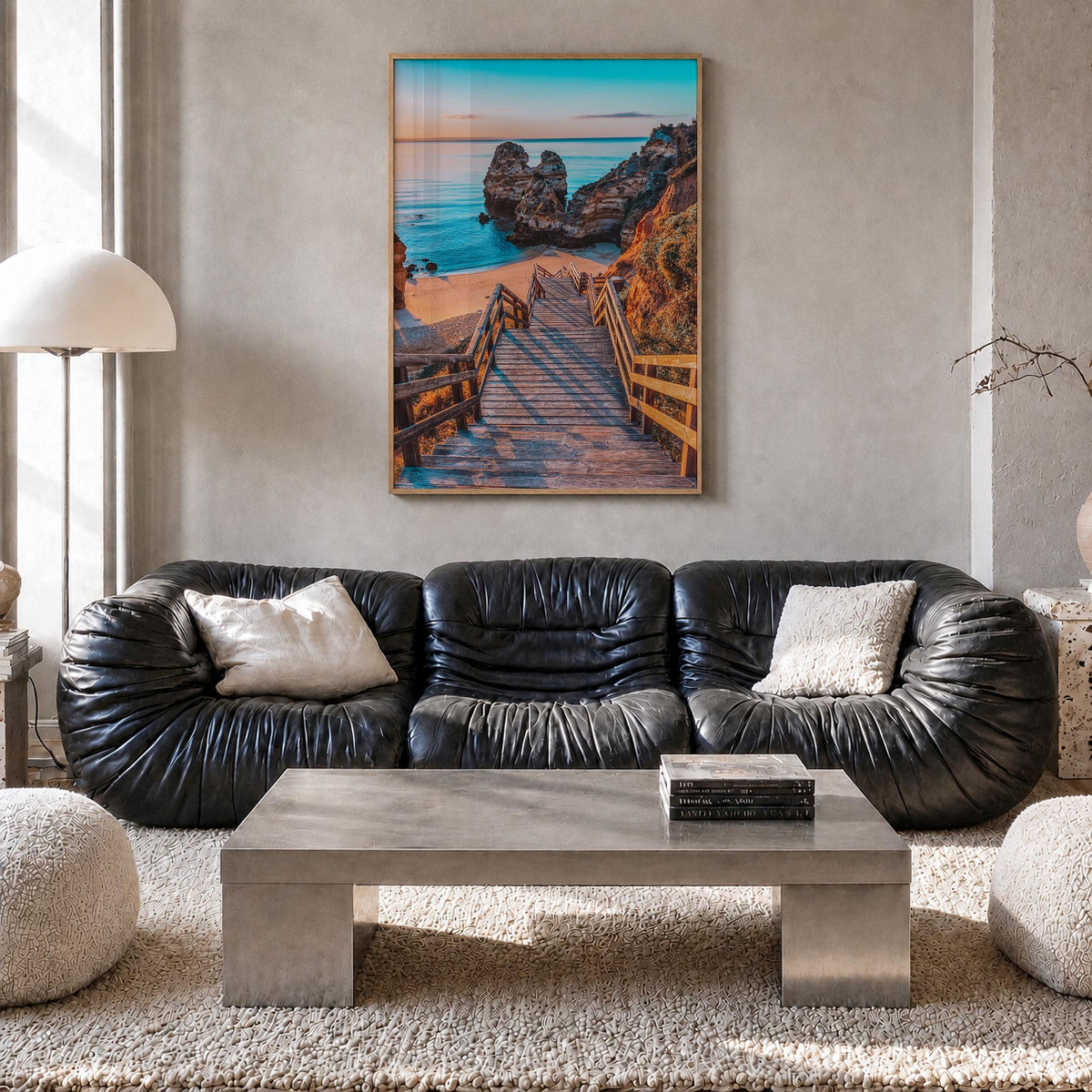 Algarve no. 2 colorful photo poster of Portugal – vertical wall art in natural wood frame, hanging on wall