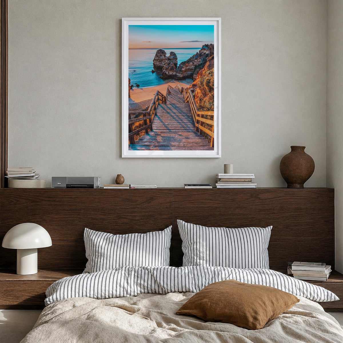 Algarve no. 2 colorful photo poster of Portugal – vertical wall art in white wood frame with white border, hanging on wall