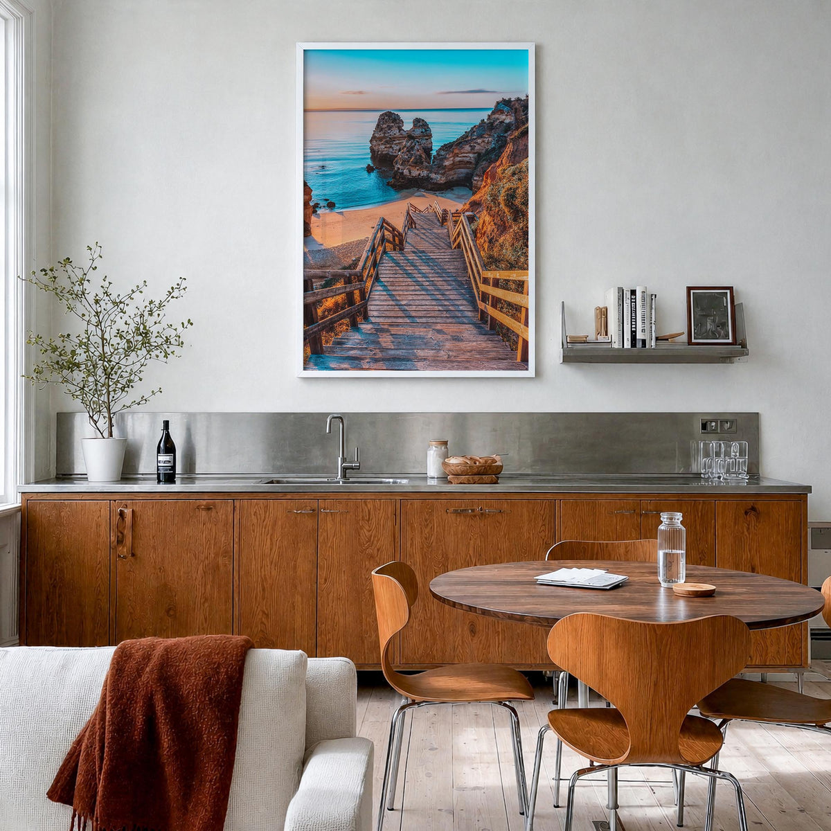 Algarve no. 2 colorful photo poster of Portugal – vertical wall art in white wood frame, hanging on wall