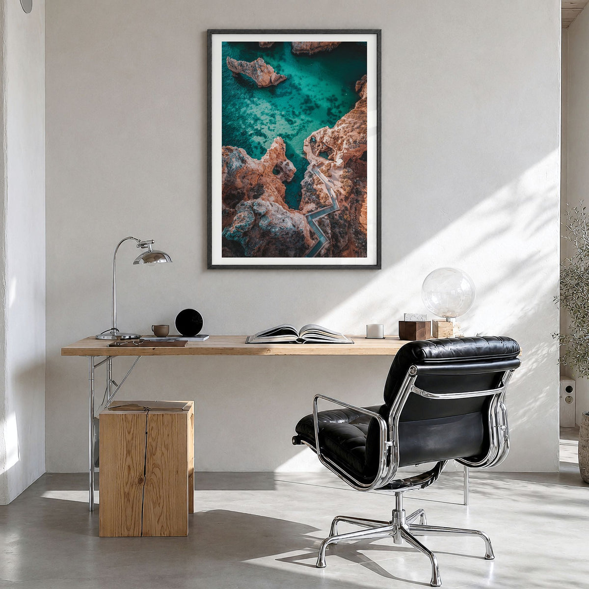 Algarve Photo No 2 Poster in a black wood frame, hanging in a bright home office, white border