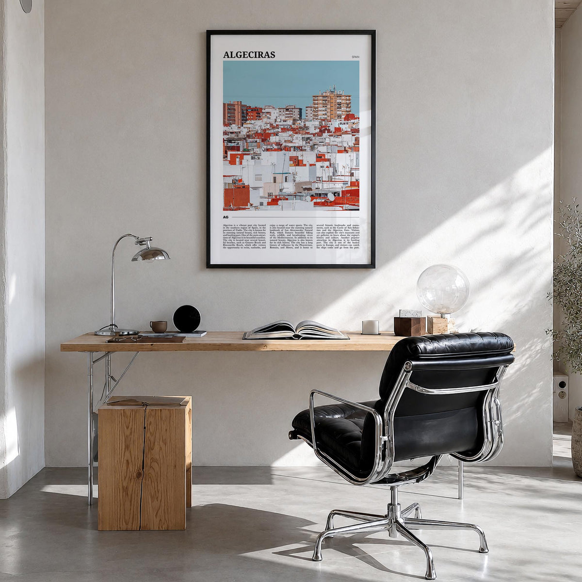 Algeciras colorful travel poster of Spain – vertical wall art in black wood frame, hanging on wall