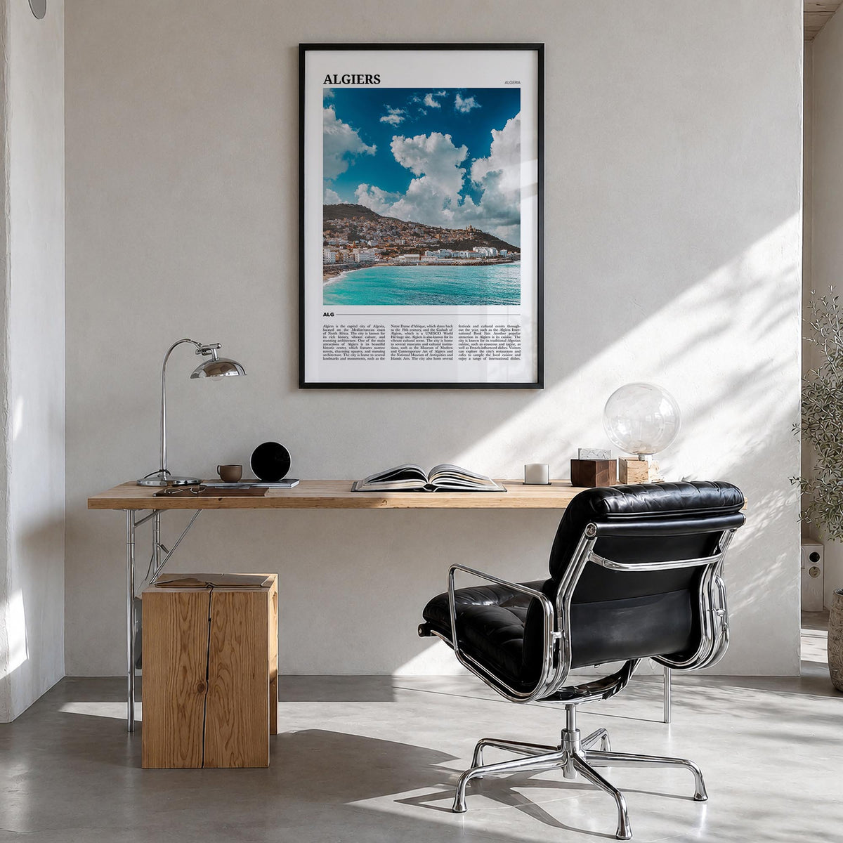 Algiers colorful travel poster of Algeria – vertical wall art in black wood frame, hanging on wall