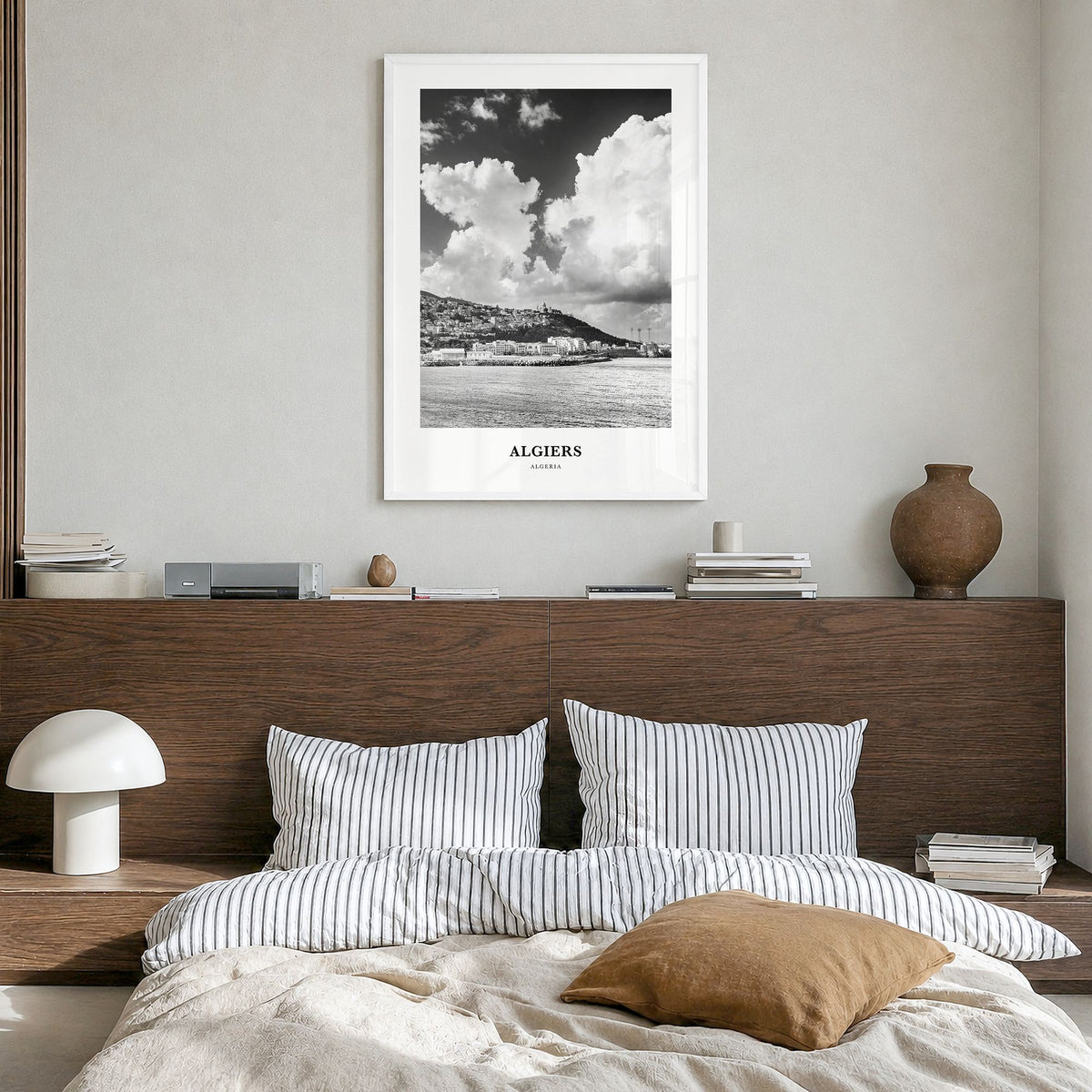 Algiers Classic Poster in a white wood frame, hanging in a bedroom