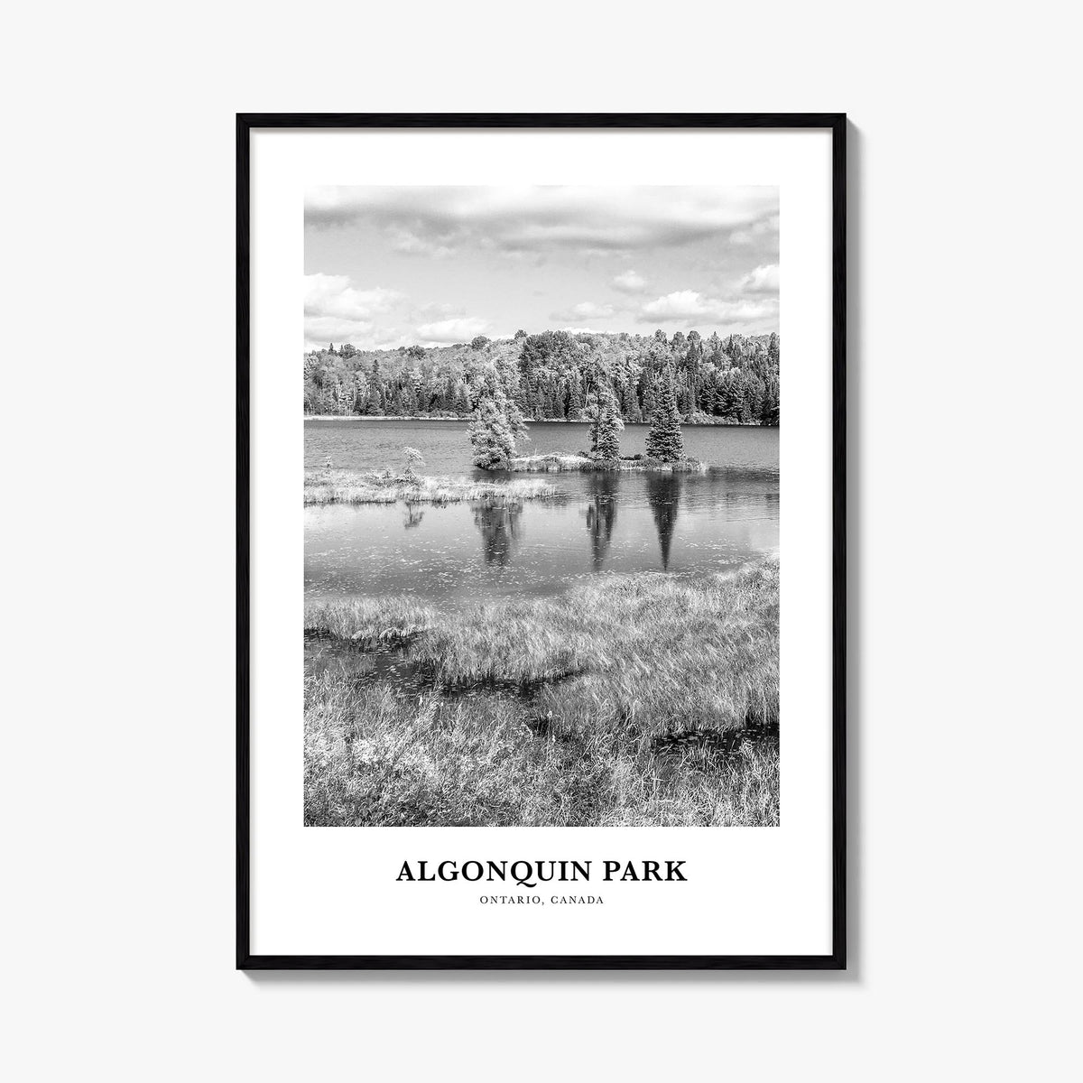 Algonquin Park black & white classic poster of Canada – vertical wall art, unframed print shown in interior mockup
