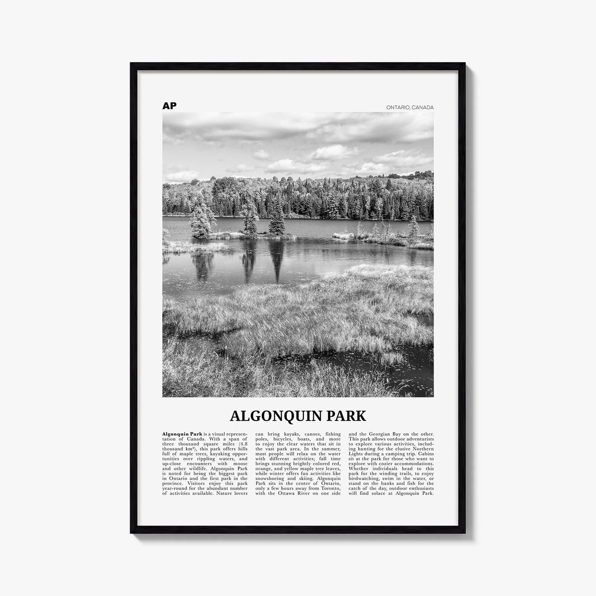 Algonquin Park black & white newspaper poster of Canada – vertical wall art, unframed print shown in interior mockup