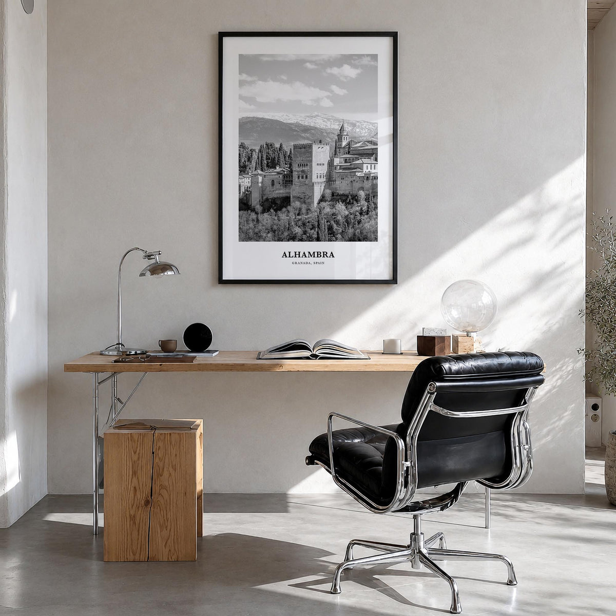 Alhambra black & white classic poster of California, USA – vertical wall art in black wood frame, hanging on wall