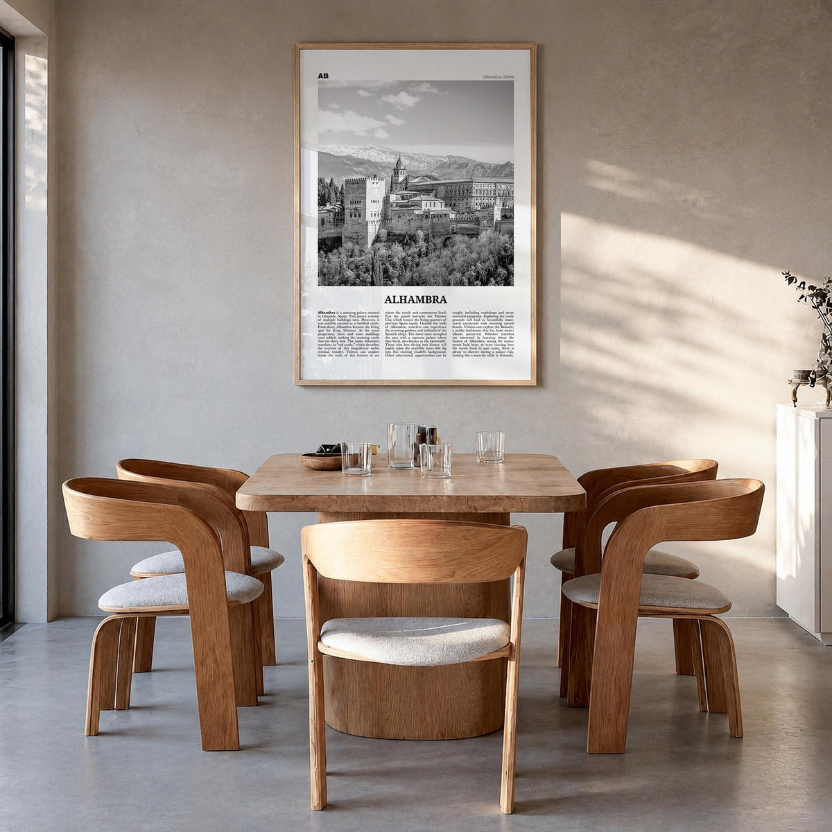 Alhambra black & white newspaper poster of California, USA – vertical wall art in natural wood frame, hanging on wall