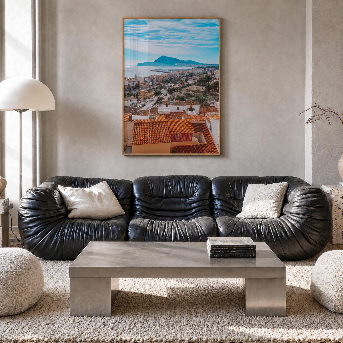 Alicante colorful photo poster of Spain – vertical wall art in natural wood frame, hanging on wall