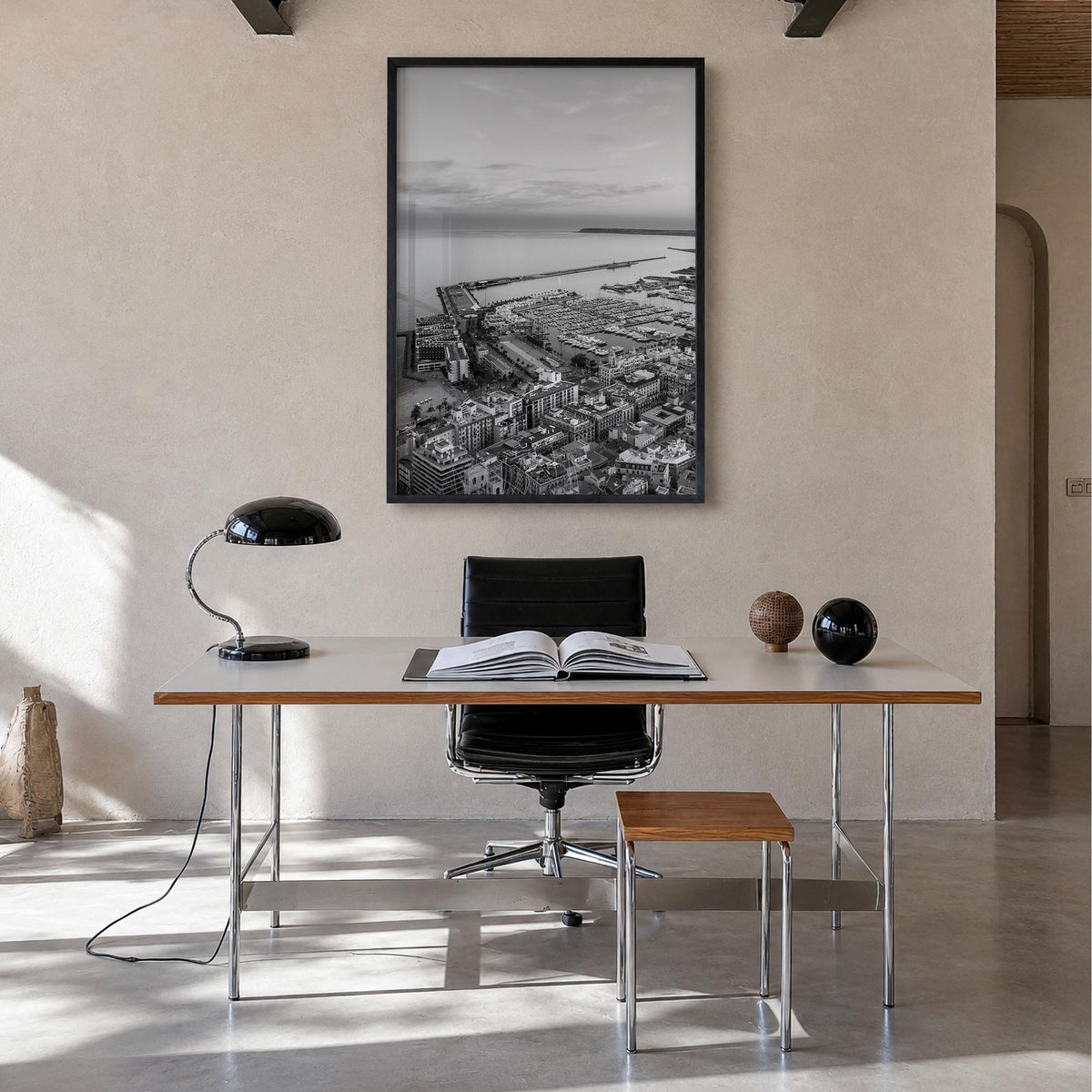 Alicante no. 2 black & white photo poster of Spain – vertical wall art in black wood frame, hanging on wall