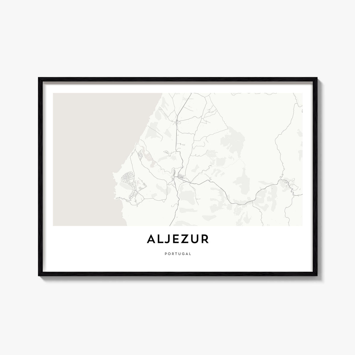 Aljezur black & white map poster of Portugal – horizontal wall art, unframed print shown in interior mockup