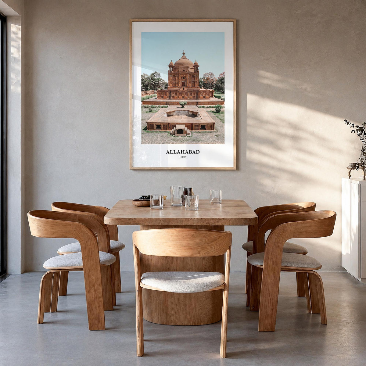 Allahabad colorful classic poster of India – vertical wall art in natural wood frame, hanging on wall