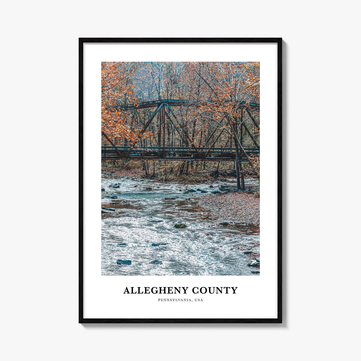 Allegheny County colorful classic poster of Pennsylvania, USA – vertical wall art, unframed print shown in interior mockup