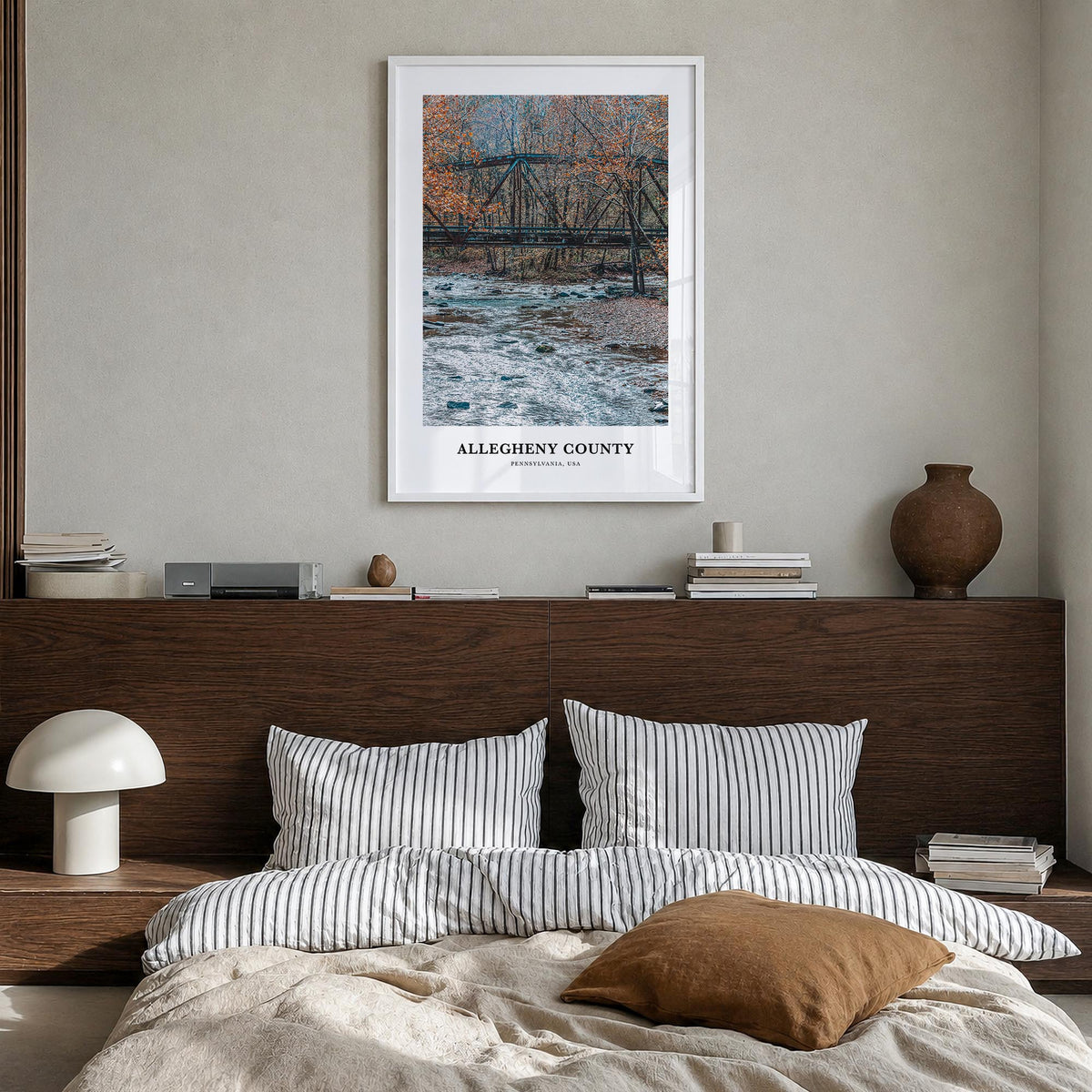 Allegheny County colorful classic poster of Pennsylvania, USA – vertical wall art in white wood frame, hanging on wall