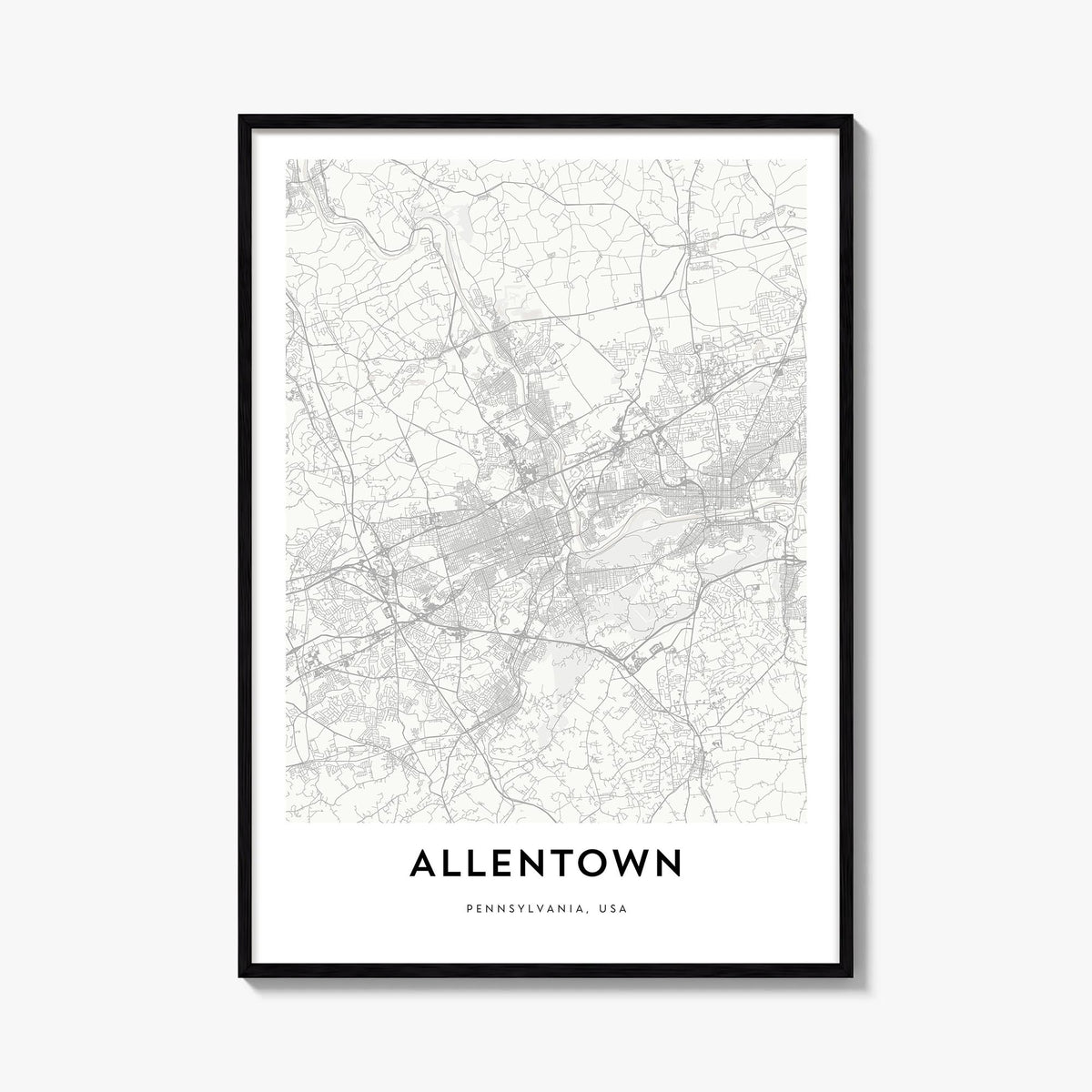 Allentown black & white map poster of Pennsylvania, USA – vertical wall art, unframed print shown in interior mockup