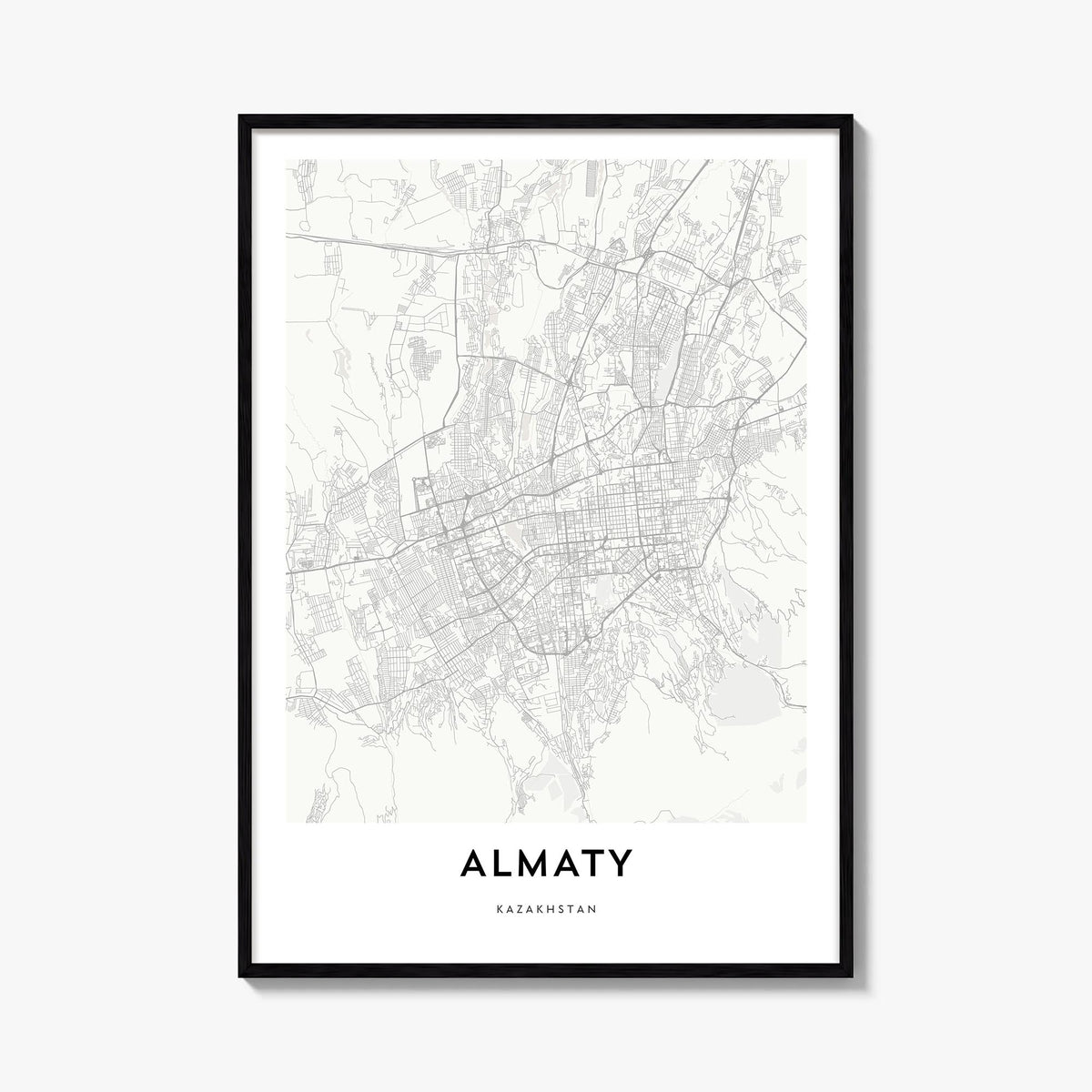 Almaty black & white map poster of Kazakhstan – vertical wall art, unframed print shown in interior mockup