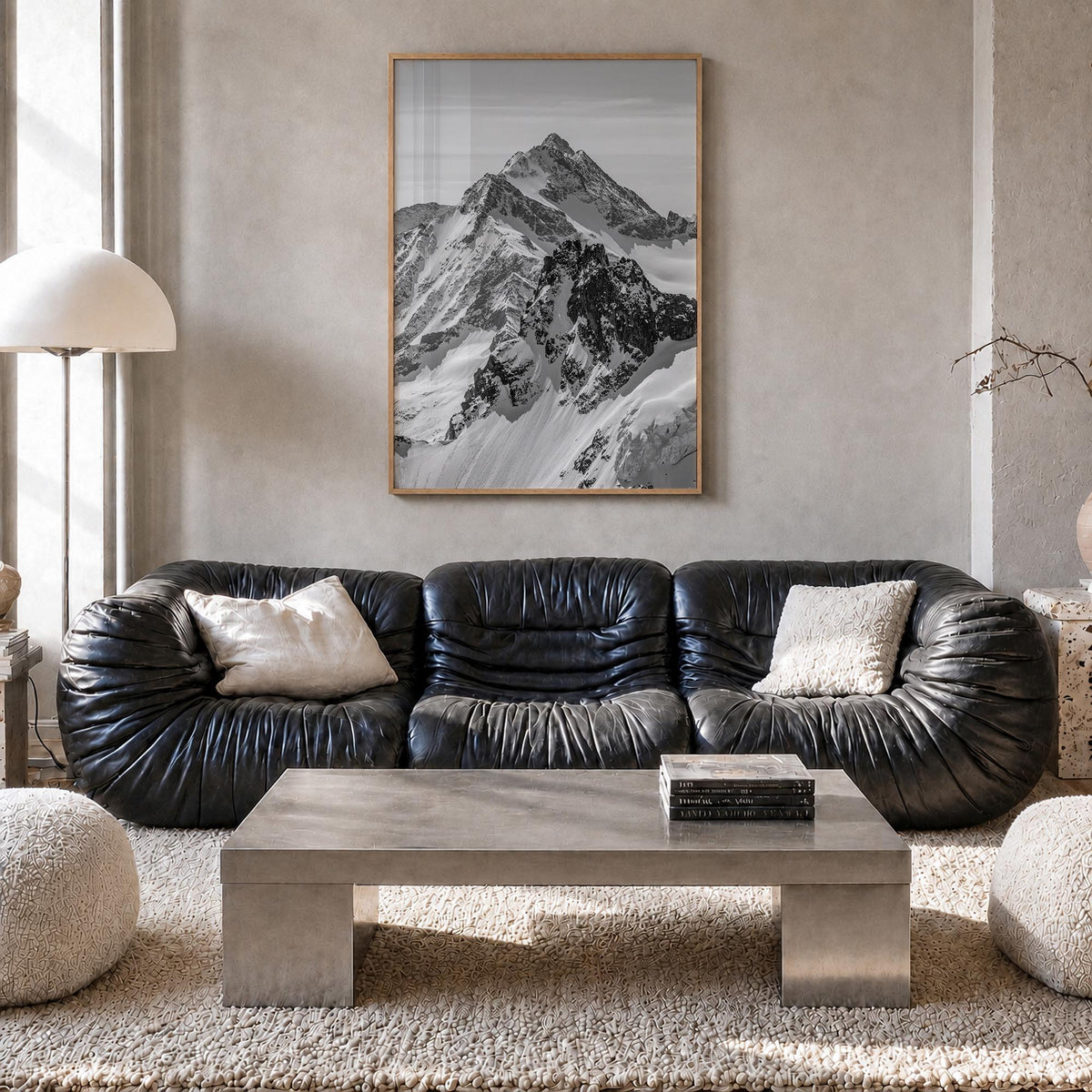 The Alps black & white photo poster of Europe – vertical wall art in natural wood frame, hanging on wall