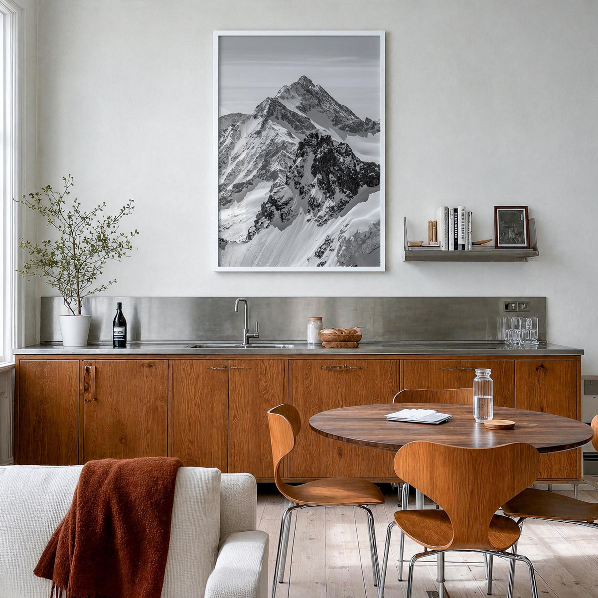 The Alps black & white photo poster of Europe – vertical wall art in white wood frame, hanging on wall