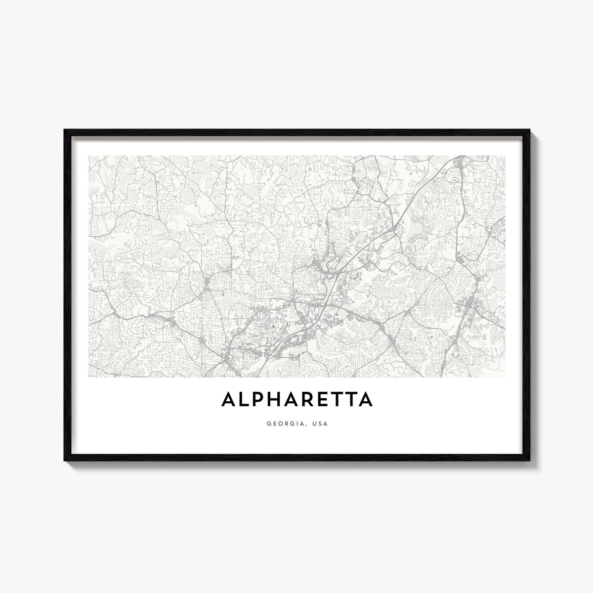 Alpharetta black & white map poster of Georgia, USA – horizontal wall art, unframed print shown in interior mockup