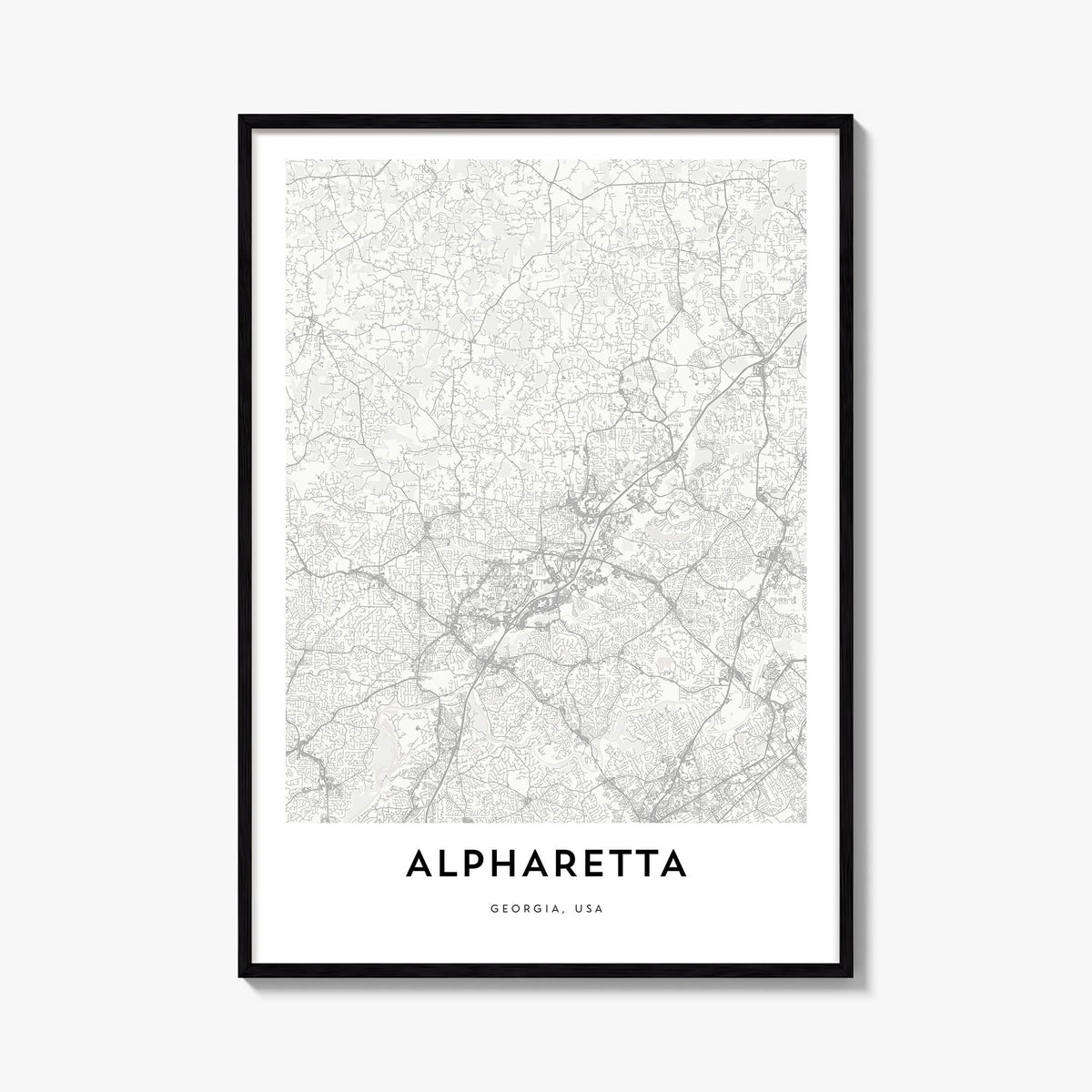Alpharetta black & white map poster of Georgia, USA – vertical wall art, unframed print shown in interior mockup