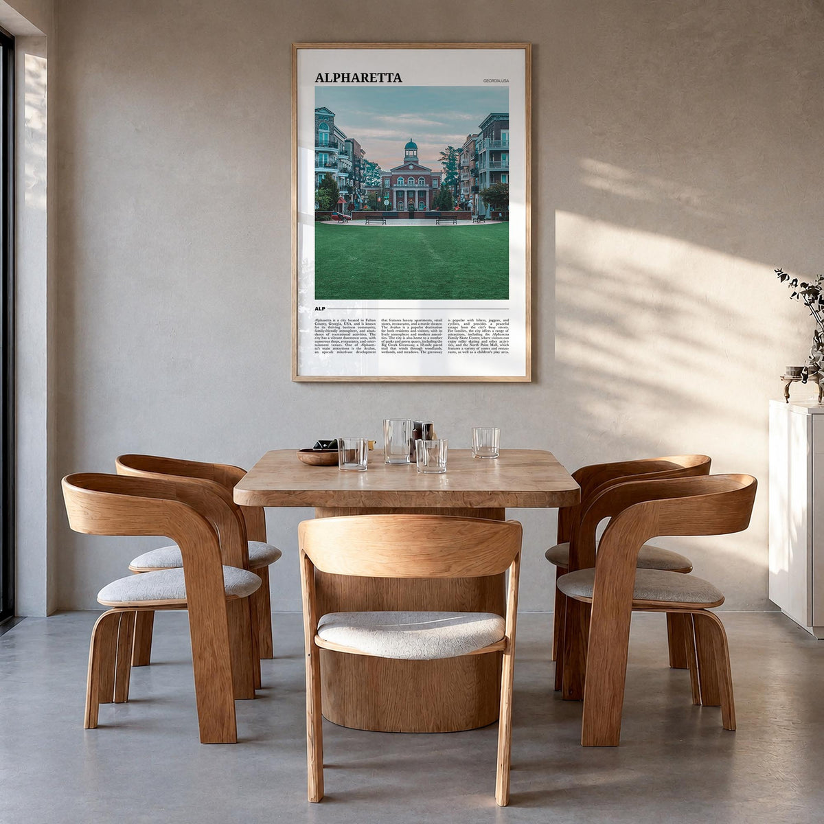 Alpharetta colorful travel poster of Georgia, USA – vertical wall art in natural wood frame, hanging on wall