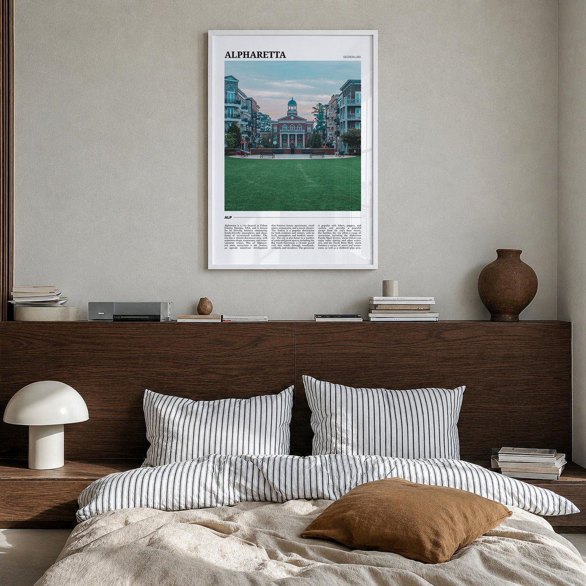 Alpharetta colorful travel poster of Georgia, USA – vertical wall art in white wood frame, hanging on wall