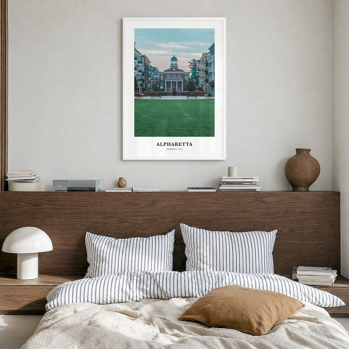 Alpharetta Classic Poster in a white wood frame, hanging in a bedroom