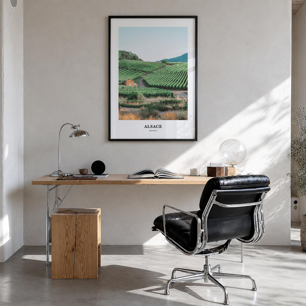 Alsace colorful classic poster of France – vertical wall art in black wood frame, hanging on wall