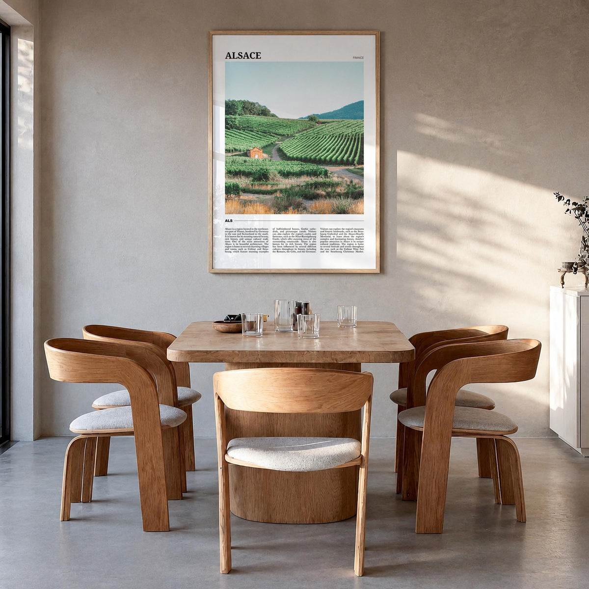 Alsace colorful travel poster of France – vertical wall art in natural wood frame, hanging on wall