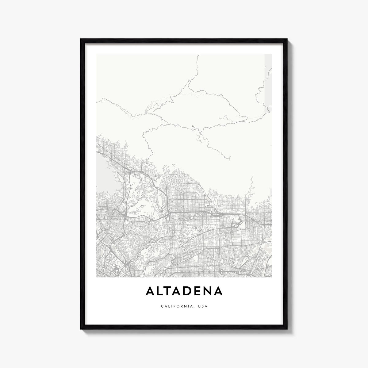 Altadena black & white map poster of California, USA – vertical wall art, unframed print shown in interior mockup