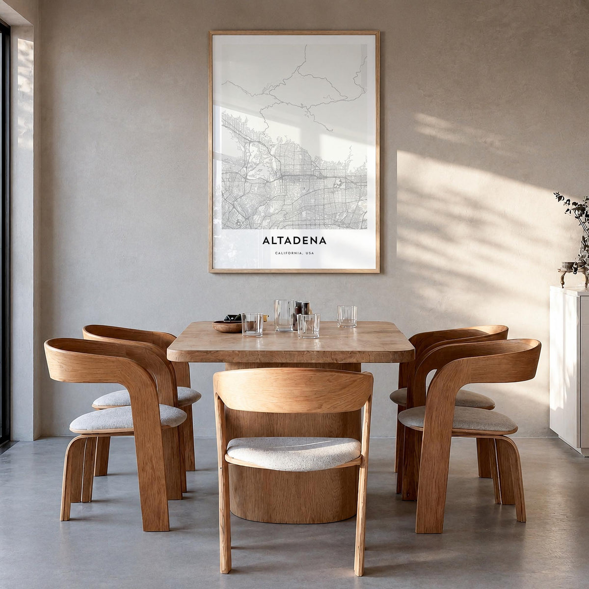 Altadena black & white map poster of California, USA – vertical wall art in natural wood frame, hanging on wall
