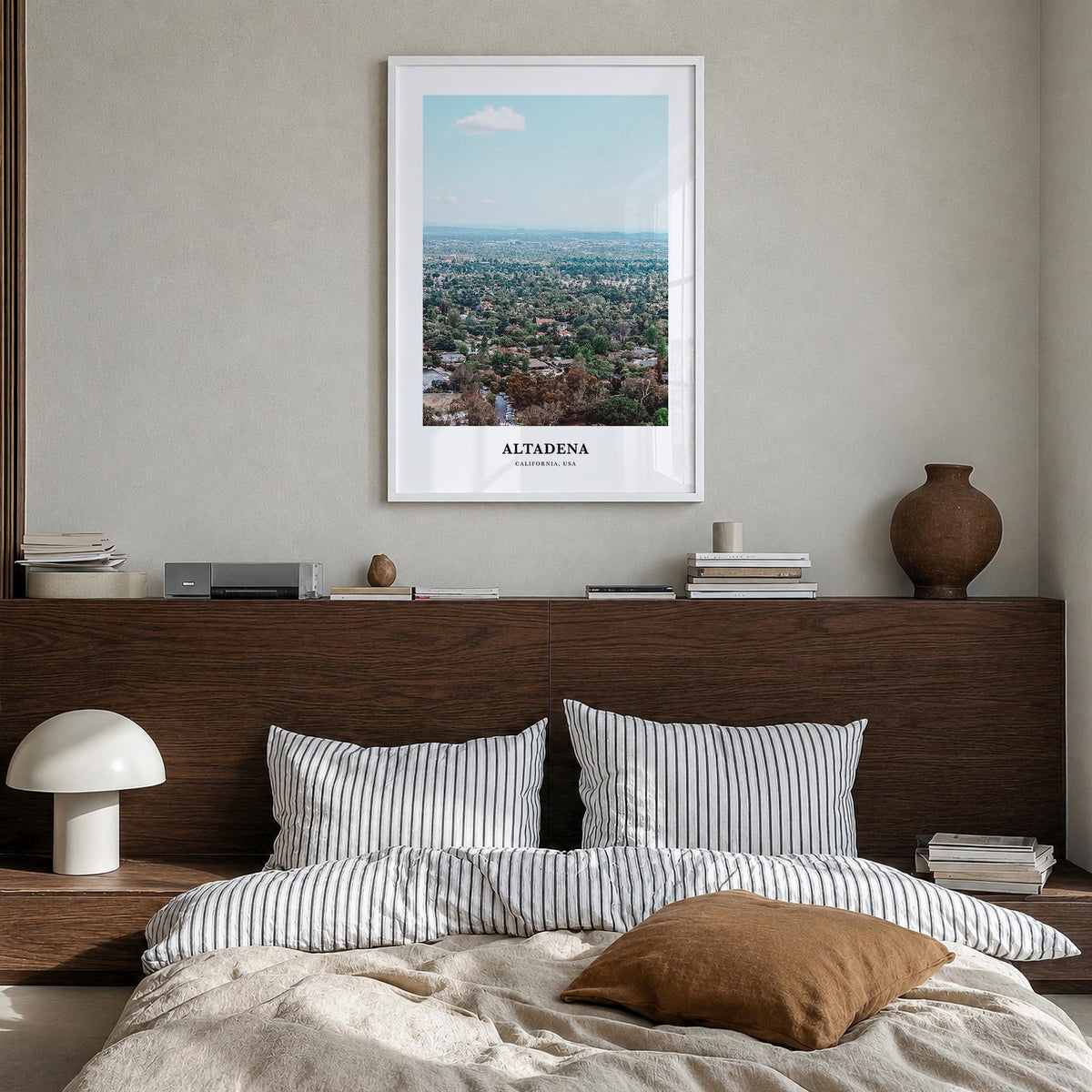 Altadena colorful classic poster of California, USA – vertical wall art in white wood frame, hanging on wall
