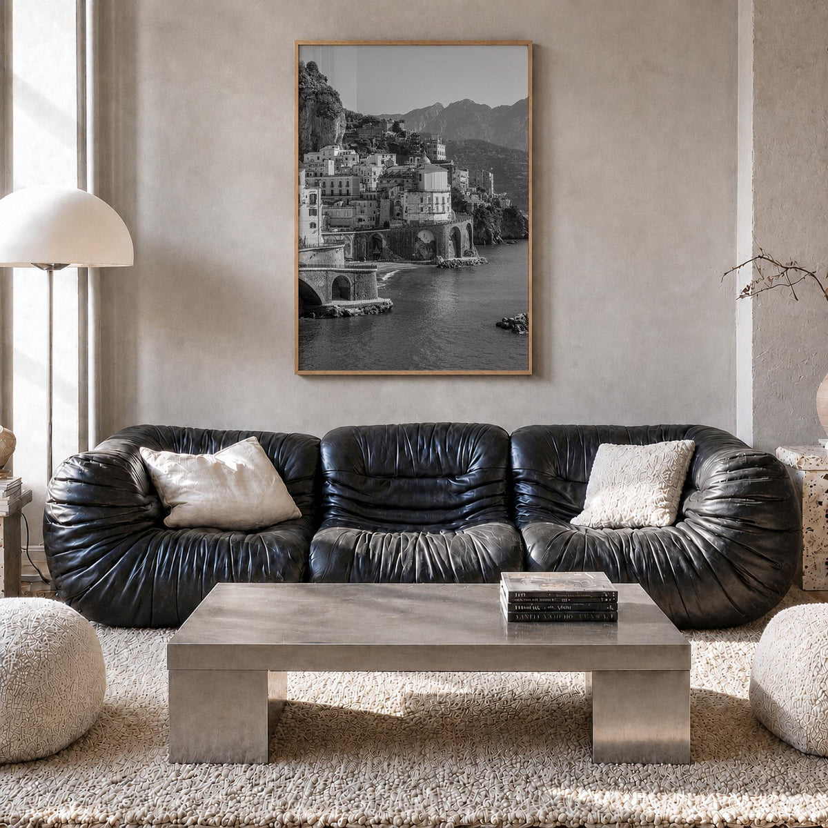 Amalfi black & white photo poster of Italy – vertical wall art in natural wood frame, hanging on wall
