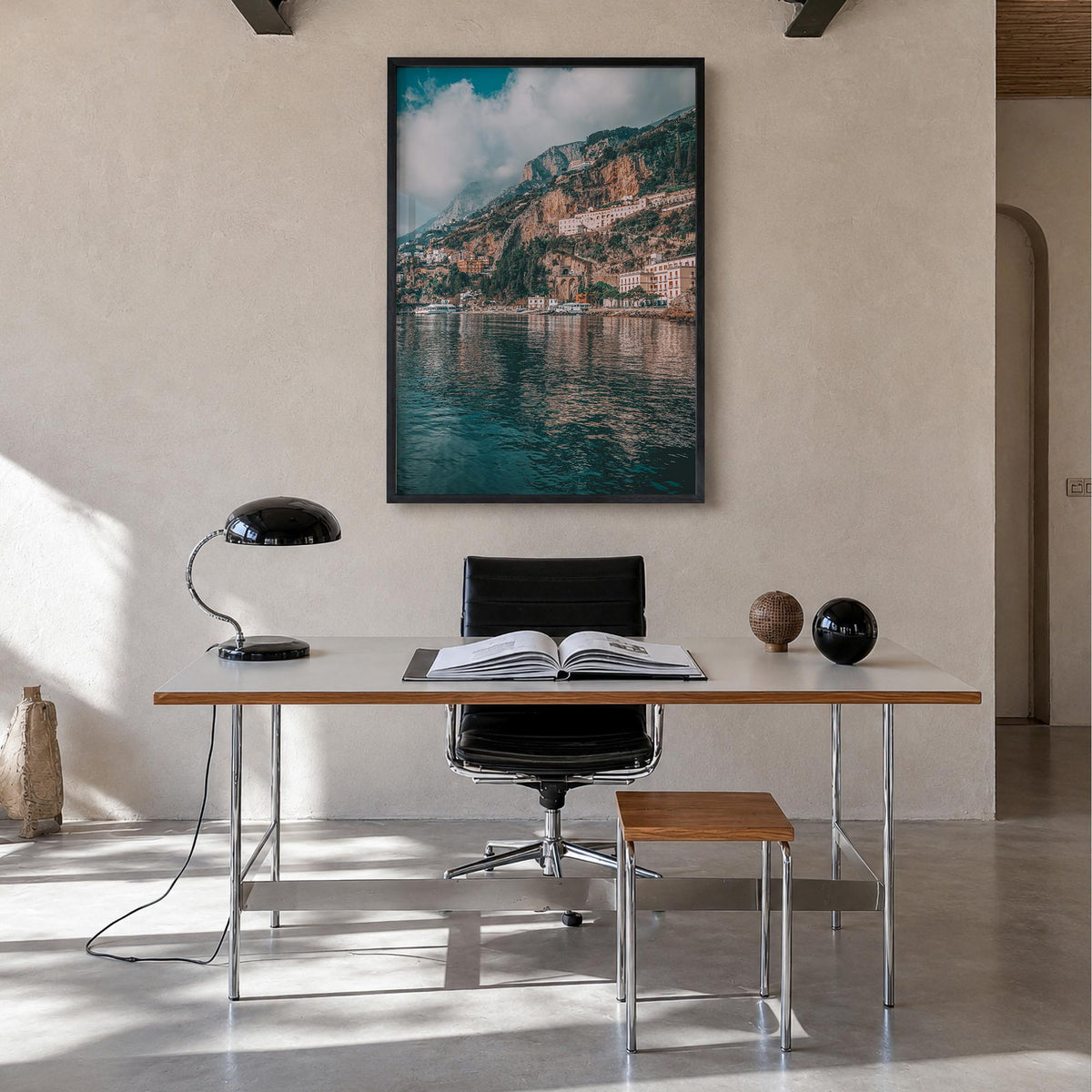 Amalfi Coast no. 1 colorful photo poster of Italy – vertical wall art in black wood frame, hanging on wall