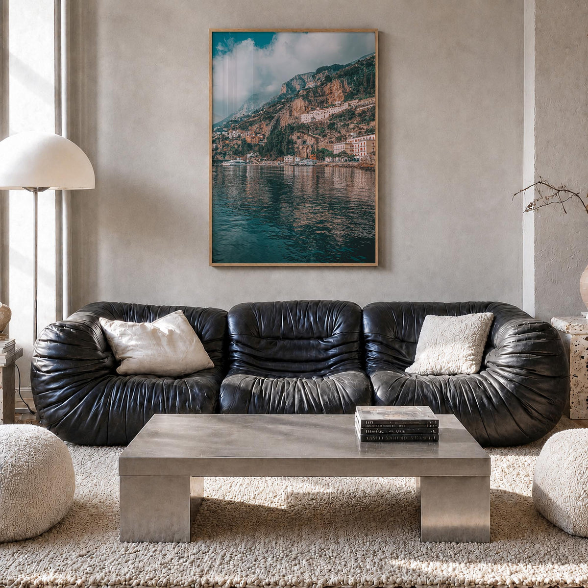 Amalfi Coast no. 1 colorful photo poster of Italy – vertical wall art in natural wood frame, hanging on wall